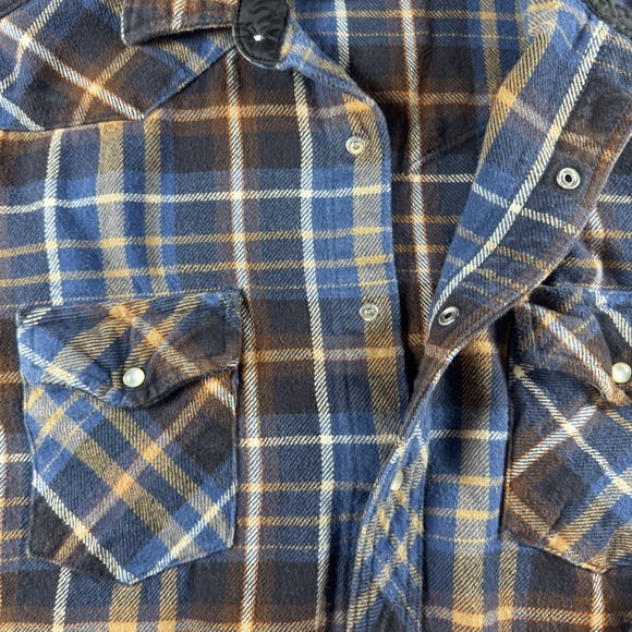 Wrangler Mens Blue Brown Plaid Western Pearl Snap Flannel Shirt Large Long Slv - Picture 8 of 9